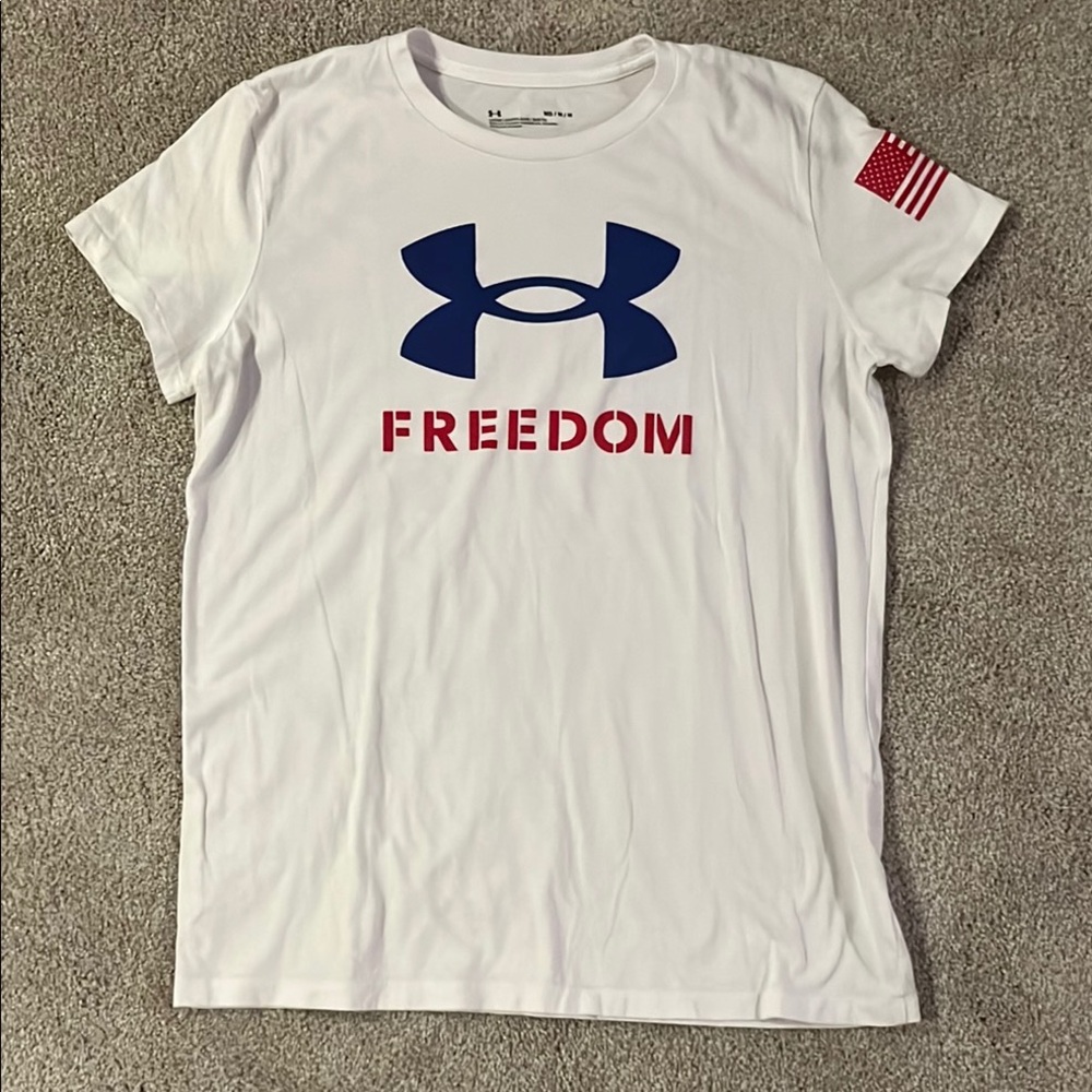 Under Armour White Tee with Blue Logo and Red Accents